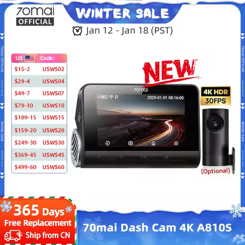 70mai 4K Dash Cam A810S Dual HDR Built-in GPS ADAS 24H Parking 4G Compatible Car DVR 70mai A810S Sup