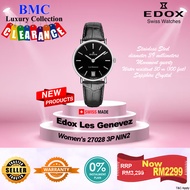 Edox Women's 27028 3P NIN2 Les Genevez Black Dial Leather Date Watch NEW