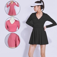 Women One Piece Tennis Dress Ladies V-neck Slim Yoga Fitness Dress Girl Long Sleeve Athletic Workout Skort with Inner Short Casual Golf Skirt