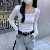 Cotton Threaded Square Neck Thin Long-Sleeved T-Shirt Ladies Short Style Inner Wear Outer Wear Slim-