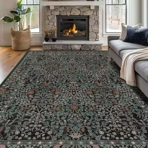 8x10 Washable Vintage Floral Rug, Non-Slip Stain Resistant Low Pile Carpet for Living Room, Dining, 