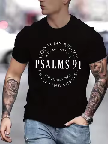 Men's 100% cotton summer loose fit Trendy Letter Psalms 91 Letter Ring Pattern print casual round ne