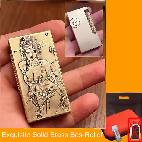 CT42 Side Pulley Gasoline Lighter Double Hole Brass Trench Kerosene Lighter Vintage Armor Carving Cl