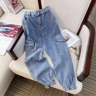 European Goods Denim Cargo Pants Female Fat Sister Slim Looking 2023 Fashion New High Waist Loose plus Size Jogger Pants Harem Pants