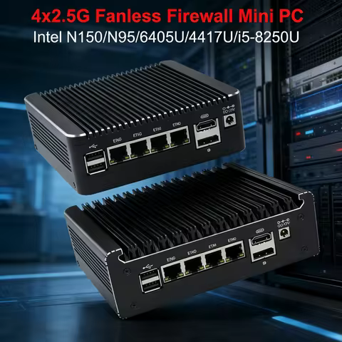 Solid Firewall Fanless Mini PC, Intel i5-8250U N150 N95 Pentium 6405U 4417U, 4x2.5G LANs, NVMe DDR4 