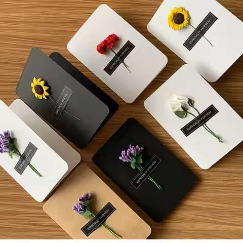 6pcs 3D Pressed Flower Card, Mother's Day & Graduation Greeting Card with Eternal Flowers, for Weddi