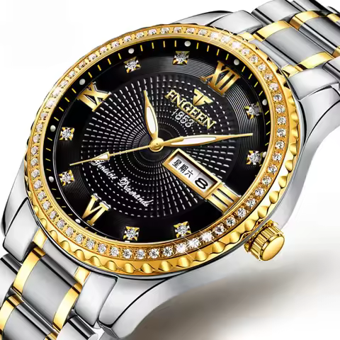 Fashion FNGEEN Mens Quartz Watch Man Military Watch Stainless Steel Dual Display Calendar Week Date 