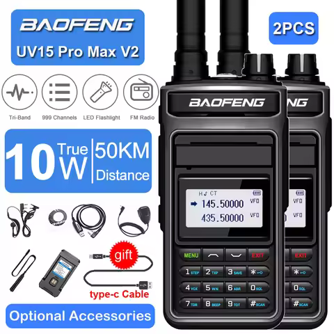 2PCS Baofeng UV15 Pro Max V2 10W High Power Walkie Talkie Long Range 999CH UHF VHF Dual Band CB FM R