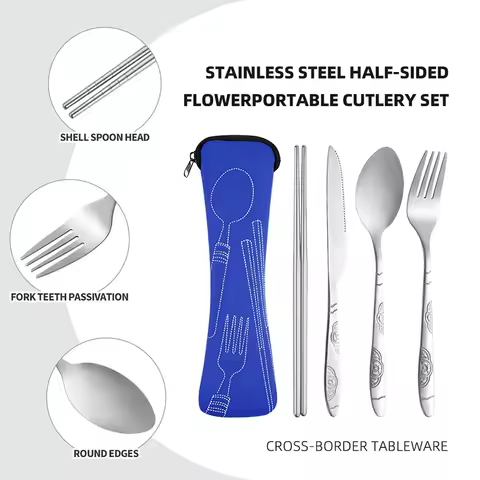5Pcs Stainless Steel Camping Cutlery Portable Set Steak Cutlery Outdoor Cutlery Camping Fork Spoon K