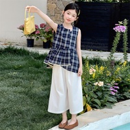 Children Clothes Girls Summer 2026 Plaid Sleeveless Ruffle shirt and White Wide Leg Pants 110-170cm 