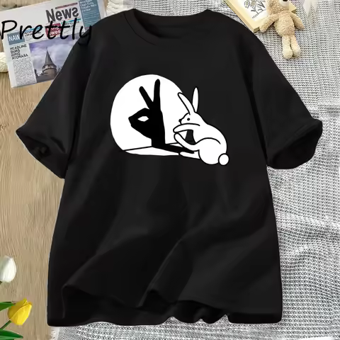 Funny Rabbit Hand Shadow T-Shirt Cute Cotton Short Sleeve T Shirt for Men Women Couple Short Sleeve 