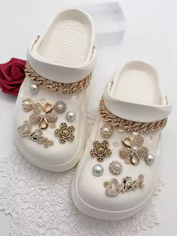 16 fashionable golden double flowers, Queen, rhinestone chain Crocs accessory ABS flower, DLY decora