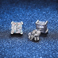 S925 Sterling Silver Earrings Female pt950 Platinum Simple Earrings Princess Square Diamond 1 Carat 