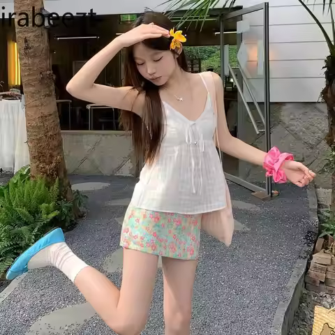 Sweet White Halter Vest 2025 Summer New Waist Collection Floral Fresh Skirt Two-piece Simple Jupe Fe