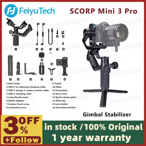 .FeiyuTech SCORP Mini 3 Pro Gimbal with Detachable Remote Handle & AI 4.0 Tracking for Mirrorless, A
