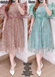DRESS TANGAN PENDEK BAHAN TILE BROKAT MODEL TANGAN BALON PITA TALI PINGGANG
