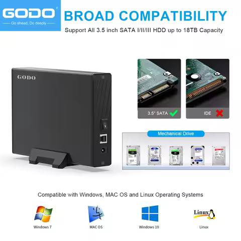 GODO USB 3.0 3.5 Inch SATA HDD SSD External Hard Drive Enclosure Case Aluminum Alloy 18TB with Power