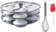 Combo of Stainless Steel 3 Plate Idli Maker Stand (12 Slot), Silicone Pastry Oil Brush with Stainless Steel Egg Beater Whisk
