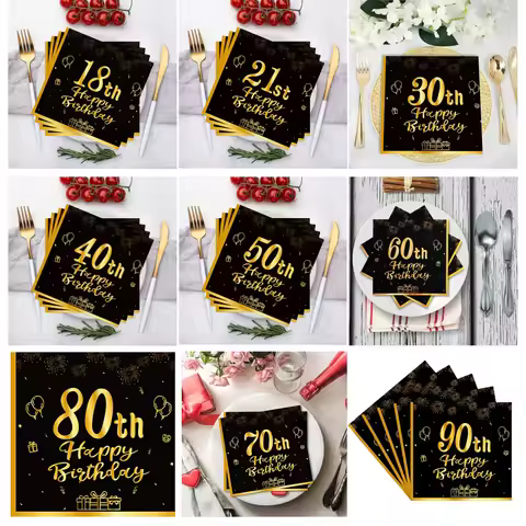 Happy 18th 21th 30th 40th 50th 60th Birthday Black Gold Napkins 20Pcs Party Napkins 70th Birthday Na