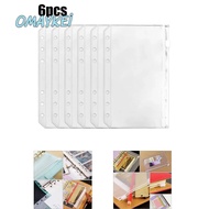 OMAYKEI 6Pcs 6-Hole Binder Pockets, Waterproof PVC Zipper Binder Pouches, A6 Receipt Bag Transparent