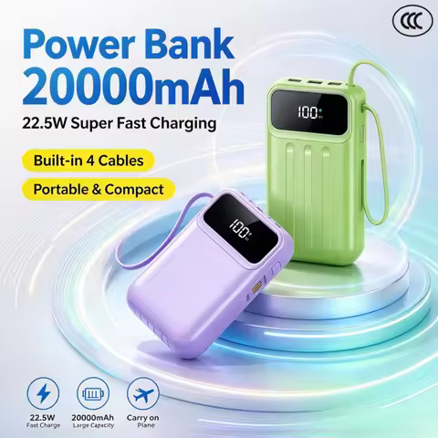 PowerBank 20000mAh 22.5W Super Fast Charging Built-in Cables Portable External Battery Mini Powerban
