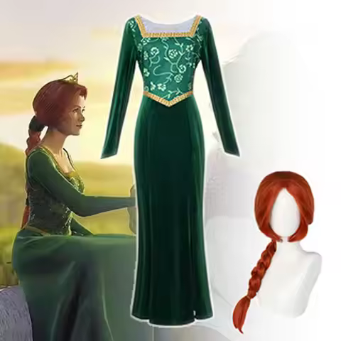 Anime Shrek Cosplay Costume Princess Fiona Green Dress Shrek Wife Cos Dress Wigs Outfit Women Velvet