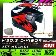 SET KOMBO TOPI KELEDAR GIVI JET HELMET M30.3 D-VISOR GRAPHIC ECHO RED + TINTED VISOR SIZE: M 57CM JP