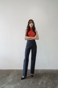 VALENCIA - PHENOMENON JEANS กางเกงยีนส์ทรงกระบอกตรงสีเข้ม เย็บด้ายส้ม มีดีเทลกระเป๋าหน้า