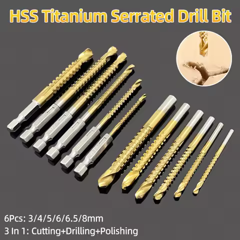HSS Titanium Serrated Drill Bit Set 3/4/5/6/6.5/8mm Grooving Cutting Hole Saw Twist Drill Bits Round