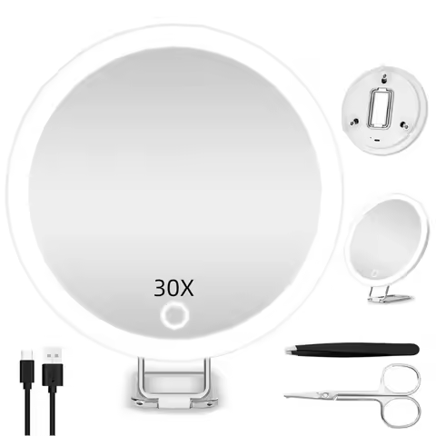 6 Inch Magnifying Mirror with Light 5-30X Portable Travel Magnified Mirror with 360° Adjustable Stan