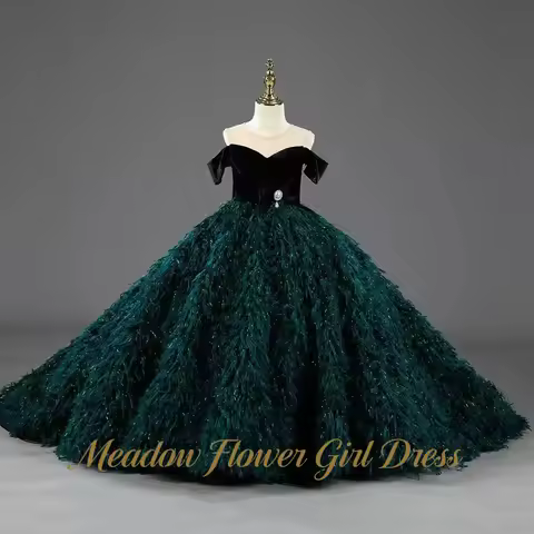 Meadow Emerald Green Pageant Dress for Girl Off Shoulder Children Birthday Wedding Dress Cut Out Bal