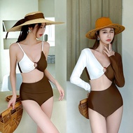 พร้อมส่ง • ชุดว่ายน้ำวันพีชทูโทน ขาว-น้ำตาล เว้าเนินท้องแต่งห่วงช่วงอก มี 2 แบบ สายเดี่ยว / แขนยาว