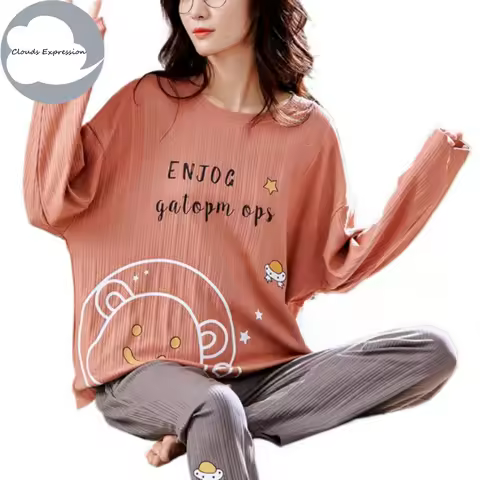 Spirng Autumn Women's Pajama Sets Cartoon Bear Knitted Pjs Polka Dots Sleepwear Kawaii Girls Pajamas