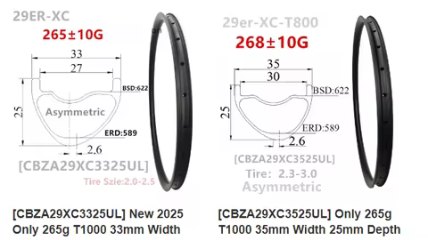 [CBZ29XC3525UL] only 265g 29er MTB Asymmetric T1000 Inner 30mm 27mm 25mm Mountain Bike Tubeless Hook