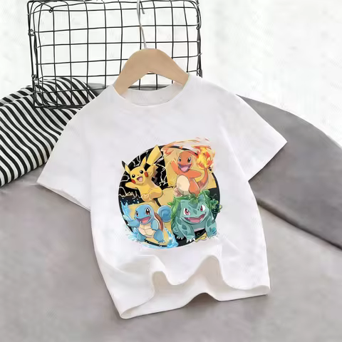 2026 Kids Pokemon T-Shirt Pikachu Charmander Squirtle Bulbasaur Graphic Tee Boys Girls Summer Short 