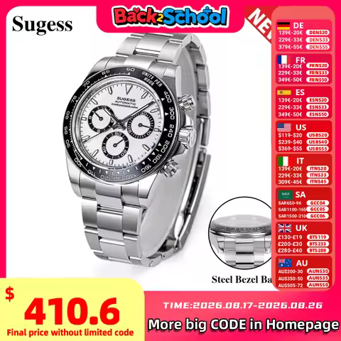 Sugess Panda Chronograph Movement Automatic Mechanical Chronograph Wristwatch Waterproof Diving Men 