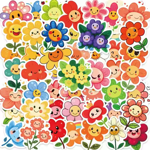 50pcs Cute Cartoon Smiley Flowers Unrepeated Reward Tablet Decoration Stickers