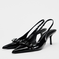 Spain ZARAˉ 2024 Autumn New High Heels Rose Red Patent Leather Bow With Dew Heel Muller Shoes Womens