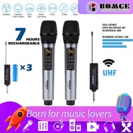 BOMGE UHF Wireless Microphone, Dual Cordless Metal Dynamic Microphone System with Rechargeable Receiver and mic,Suitable for Karaoke Singing, Wedding, DJ, Party, Lecture, Church, Classroom,80M