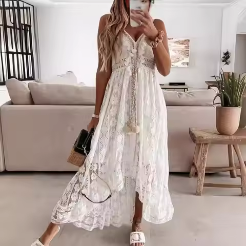 Lace Spaghetti Strap Maxi Dress Women Summer Solid A-Line Swing Elegant Formal Gown