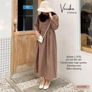 Baju Muslim Remaja Midi Dress Veriska Bahan Cotton Linen Premium Fashion Wanita Casual | GOODSAJI HI
