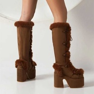 Y2k Ippeum Shoes Women Platform Boots Knee High White Camel Plus Size 46 Winter Fluffy Snow Botas