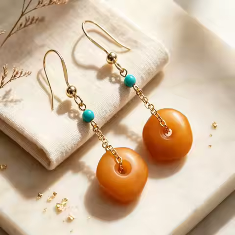 9ct Yellow Gold on Silver Baltic Amber Dropper Hook Earrings Fashion Ear Stud Aquaculture Beautiful