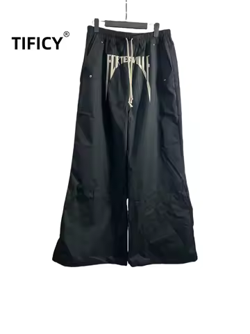 High Street Dark RO Black Pants Men's 24SS Rick Style Embroidered Slogan Pocket Elaxtic Waist Casual