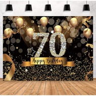 7x5ft Happy 70th Birthday Party Photography Backdrop Glitter Black and Gold Balloons Background for 