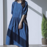 【棉麻手工藍染】 圓領高腰/雙色連衣裙