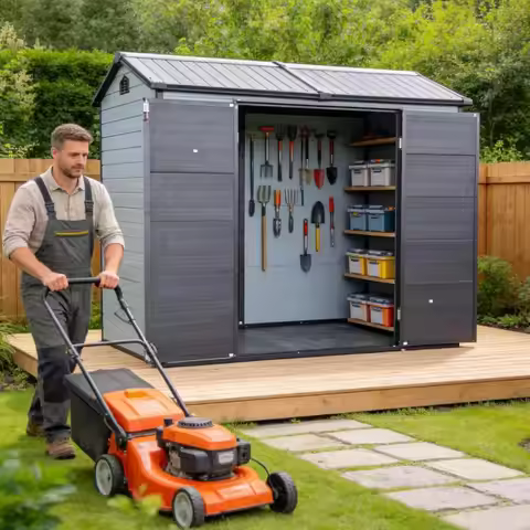 8x4 FT Resin Storage Shed with Floor & 2 Windows, Plastic Outdoor Shed for Furniture, Tools, Mower, 