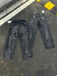 Thug Club24FW激光拼接鐮刀圖案刺繡中腰寬鬆牛仔褲男刺繡水洗垂感休閑闊腿褲