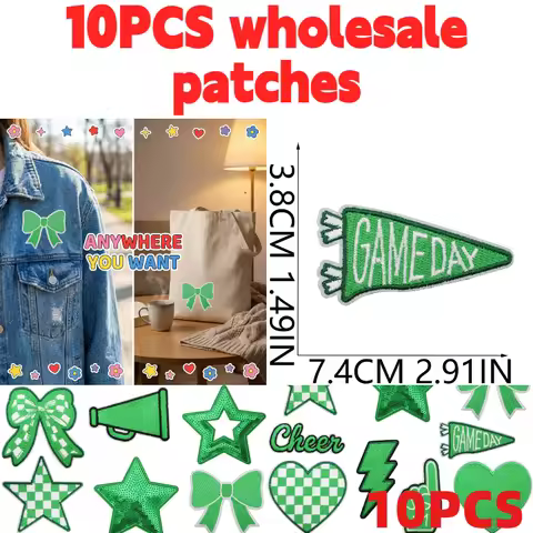 10PCS Wholesale Green Element Bow Embroidery Patches Lightning Heart Star Game Day Encourage Iron On