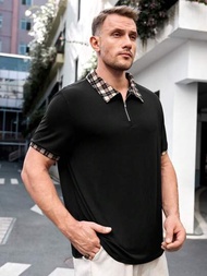 Manfinity Homme 男款大尺寸格子拼接針織休閒短袖 Polo 衫
